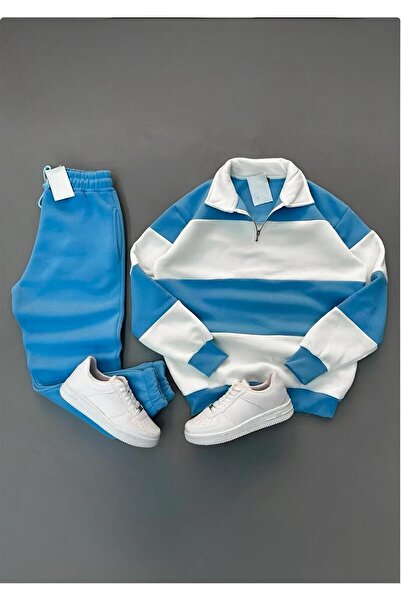 LiyAdaCo Бебешко синьо и бяло поло с висока яка и долнище от комплект спортен...