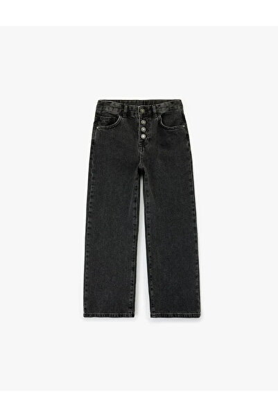 Koton Cotton Button Detailed Adjustable Waist Elastic Black Girls' Jeans 6Wkg...