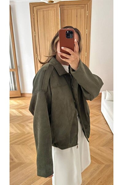 zoezoe Oversize Cepsiz Kadın Bomber Süet Deri Ceket