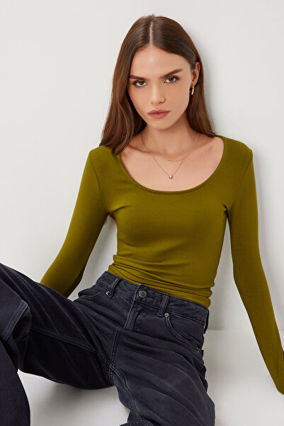 Lovelyİstanbul Bluză modală de bază cu decolteu în U LMW0032 VERDE MĂSLEN