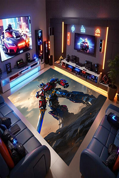Reyhani Transformers Desenli Kaymaz Taban Makinede Yıkanabilir Gaming Oyuncu Gamer Genç Odası Halısı