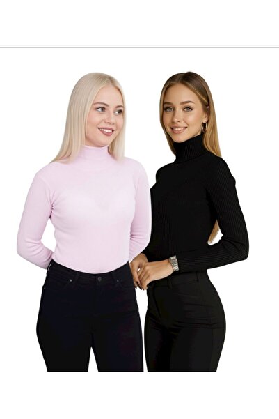 hashtag Дамски пуловер с дълги ръкави и яка, комплект от 2 части - черно и ро...