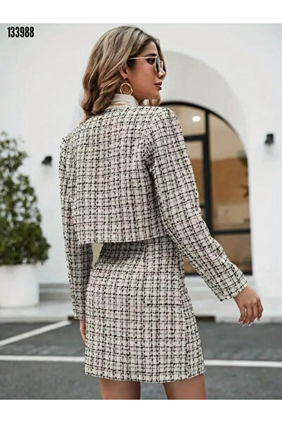 Modayakamoz Yeni Sezon Trend Ceket Etek Takım Kadın Dokuma Kumaş Uzun Kollu ve Düğmeli
