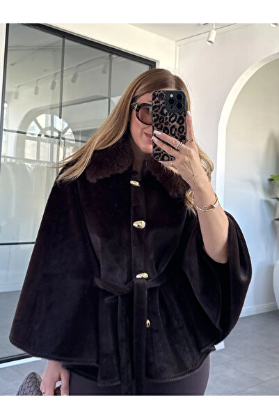 KÜBRA SÖYLEMEZ BOUTİQUE KAHVE YAKASI KÜRKLÜ PANÇO