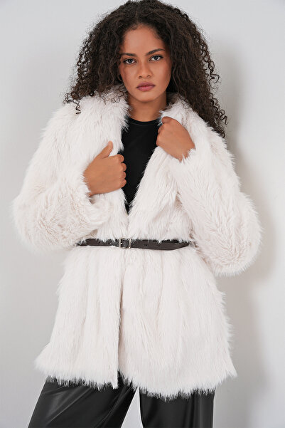 Bigdart Palton oversize din shearling cu curea pentru femei 9156 - alb