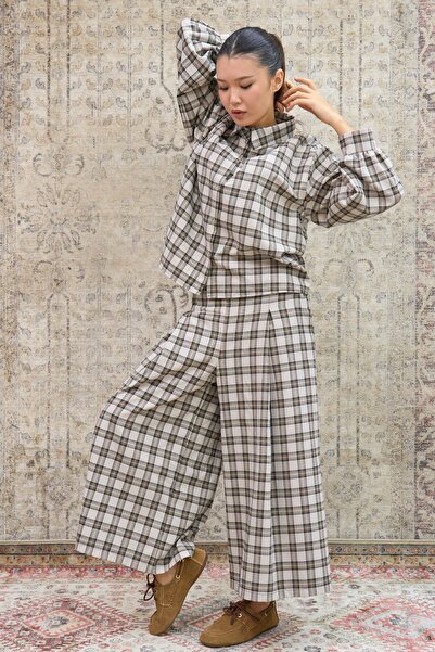 KÜÇÜĞÜM BUTİK Крем-кавова бавовняна картата сорочка