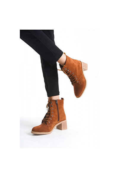 BİJUTERİMCİM LENA Bağcıklı Fermuarlı Ortopedik Taban Topuklu Süet Kadın Bot