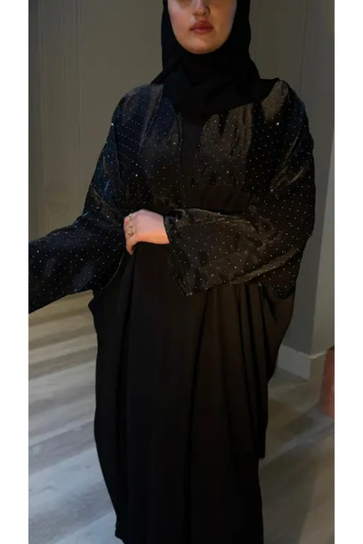 myshaden عباية نصف بشت قماش أسود مع أورجانزا