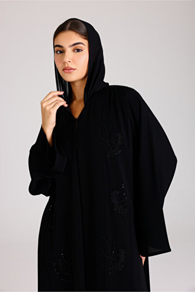 IKKXA Solid Black Embroidery Beaded Abaya