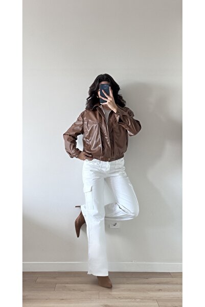 LOCH BUTİK Дамско кафяво яке от таба кожа с широки джобове