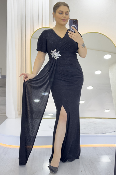 zks grup tekstil Women's Stone Detailed Glittery Plus Size Slit Double Breasted Collar Evening Dress Black, Indigo, Purple, Navy Blue