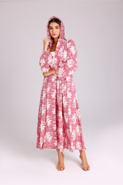 IKKXA Beautiful Autumn Leaves Prints Design Abaya Pink