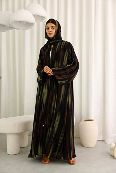 IKKXA Modern Colorful Brown and Green Stripes Abaya