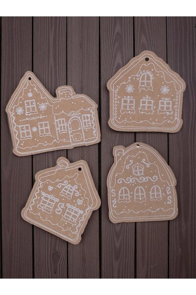 roco paper Yılbaşı, Gingerbread Ev Tasarımlı Hediye Etiket & 10m Jüt İp Seti-16lı, Kraft Delikli Tebrik Kartı