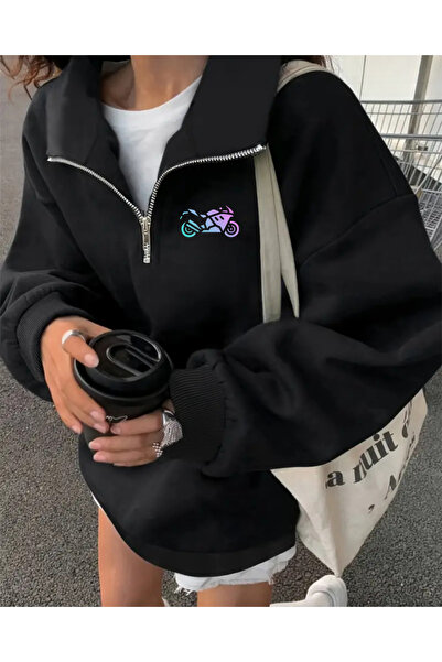 Touz Moda Μισό φερμουάρ, χοντρό, 3 κλωστές, με στάμπα μοτοσικλέτας, γλυκό