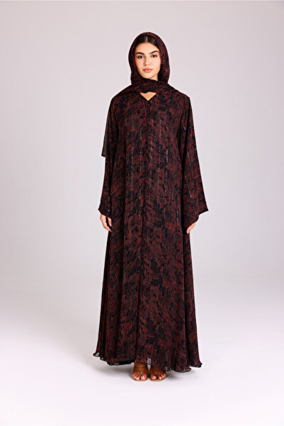 IKKXA عباية ماكسي عصرية بطبعات فريدة باللون الأحمر البني