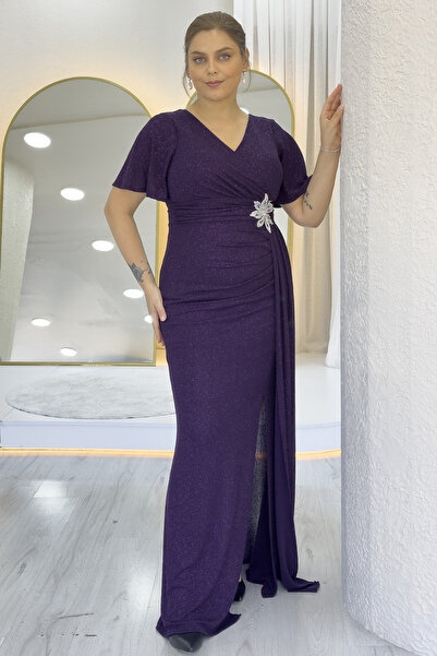 zks grup tekstil Women's Stone Detailed Glittery Plus Size Slit Double Breasted Collar Evening Dress Black, Indigo, Purple, Navy Blue