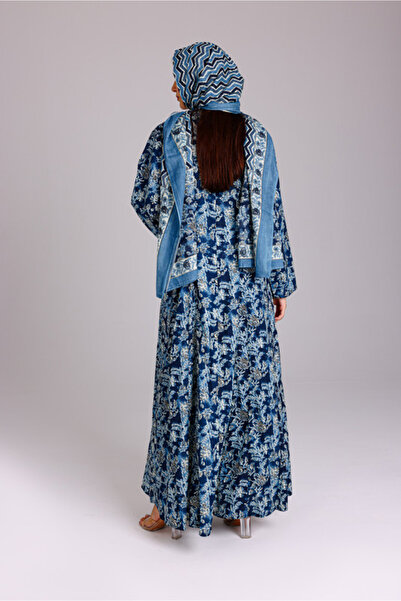 IKKXA Beautiful Floral Gardens Prints Abaya Blue