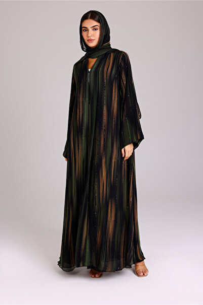 IKKXA Modern Colorful Green and Orange Stripes Abaya