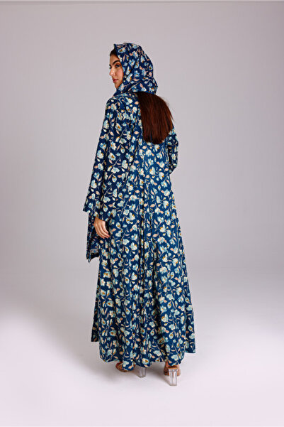 IKKXA Beautiful Floral Prints Design Abaya Blue