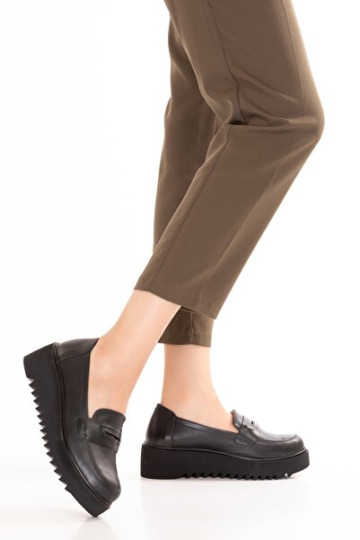 Gondol Hakiki Deri Dolgu Topuklu Şık Ayakkabı ast.8401 Siyah Cilt