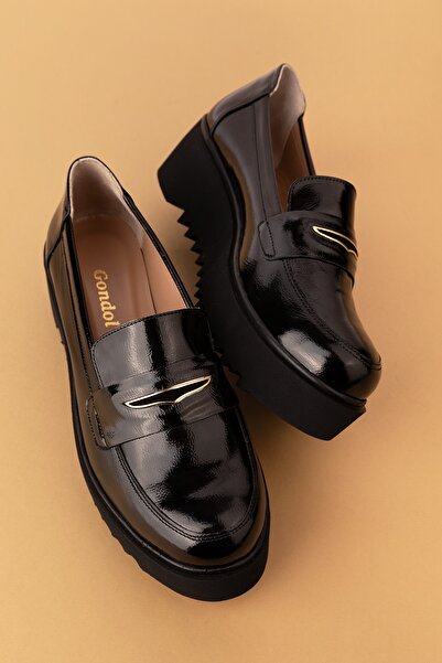 Gondol Hakiki Deri Dolgu Topuklu Şık Ayakkabı ast.8401 Siyah Rugan