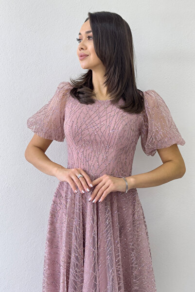 zks grup tekstil Kadın Balon Kol Simli Kloş Midi Boy Abiye Elbise Su Yeşili, Siyah, Beyaz, İndigo