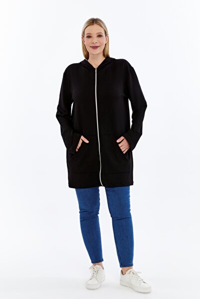 Curvy Trend Plus Size Back Peacock Print Hooded Full Zip Pocketed Soft Flowy Tunic Sweatshirt