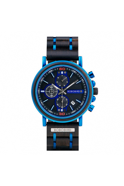 Bobo Bird Ceas bărbătesc din lemn, cronograf, afișaj dată, cuarț, analog, casual, elegant, albastru