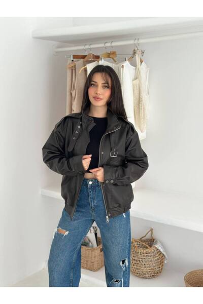 Noa Noa Long Sleeve Faux Leather Boyfriend Jacket with Pocket Flap Detail