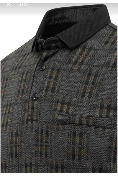 güncüoğlu Polo Collar Sweatshirt with Patterned Pockets and Lower Ribbed Men's Steel Knitted Sweater