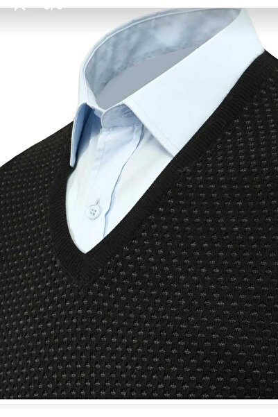 güncüoğlu Men's Steel Knitted Sweater with Patterned Front and V-Neck