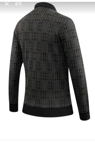güncüoğlu Polo Collar Sweatshirt with Patterned Pockets and Lower Ribbed Men's Steel Knitted Sweater
