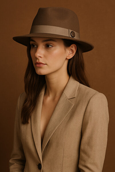 HatClub Exclusive Pălărie Panama Fedora pentru femei, model kaki, cu boruri r...