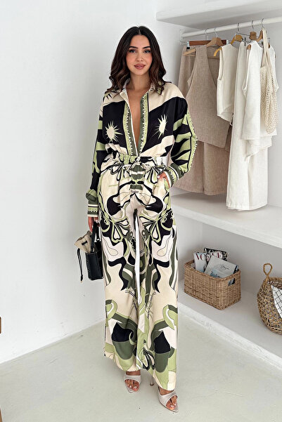 AsprinFashion بدلة من قماش الساتان المودال منقوشة باللون الأخضر