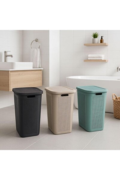 Poomy Çamaşır Sepeti Slim İnce Dar Alan Banyo Kirli Sepeti Kapaklı Plastik Ki...