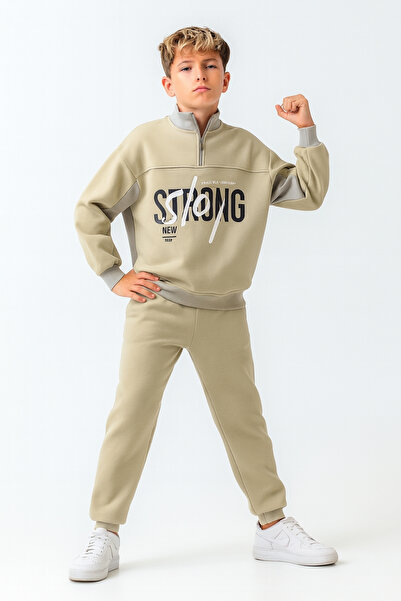 AHENGİM Boy's Brooklyn Stay Strong Printed 3 Thread Thick Winter Tracksuit Set Ak4225