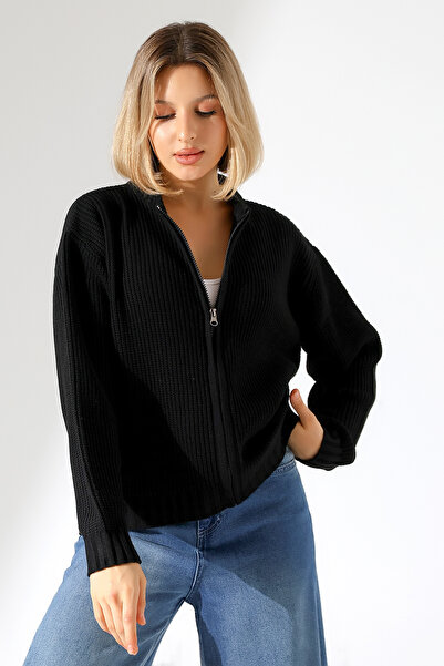 Devinka سترة تريكو سوداء بسحاب للنساء