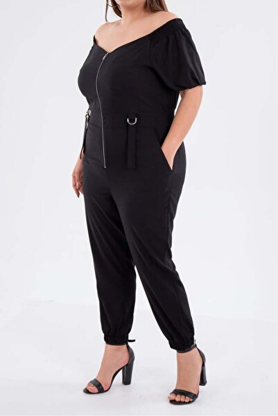 Roxxlen 1111050 Γυναικεία φόρμα μεγάλου μεγέθους με τσέπες με φερμουάρ Μαύρη