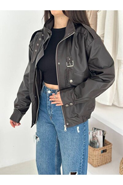 Noa Noa Long Sleeve Faux Leather Boyfriend Jacket with Pocket Flap Detail