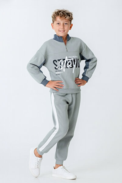 AHENGİM Boy's Brooklyn Stay Strong Printed 3 Thread Thick Winter Tracksuit Set Ak4225