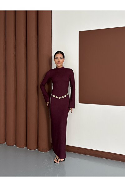 LE CARAMBOLE Women's Burgundy Belt Detailed Long Dress