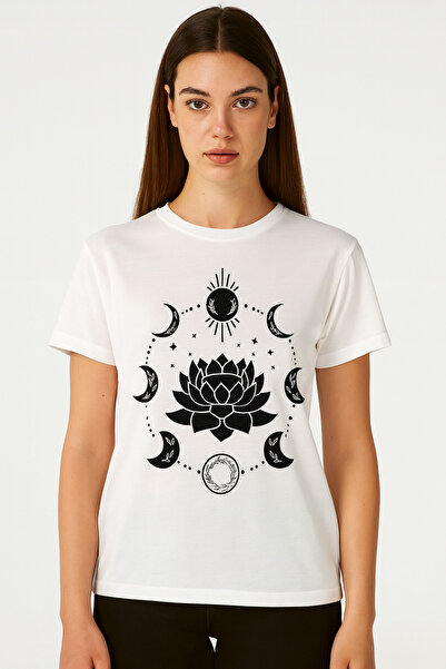 ocke تي شيرت نسائي أبيض مطبوع عليه Yoga Cycle of Lotus and Moon – تي شيرت كبير الحجم ذو طابع روحي من GrandWear