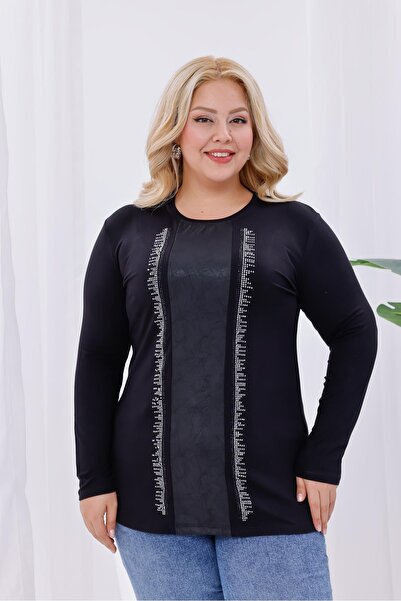 Siyezen Büyük Beden Deri Detaylı Taşlı Bluz