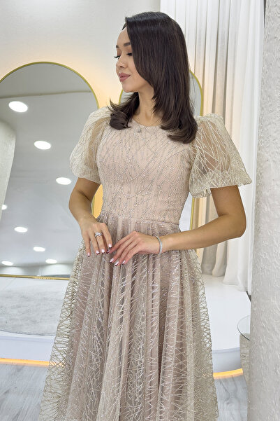 thezkscom Γυναικείο βραδινό φόρεμα με μπαλόνι μανίκια, ασημί, μεσαίου μήκους, νεροπράσινο, μαύρο, λευκό, ινδικό, χρυσό, πούδρα