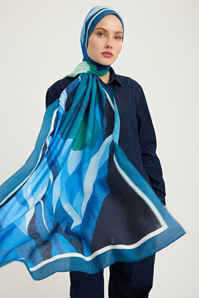 Schaless Illuminated Flowers - Blue - Vierra Patterned Viscose Shawl - 70X190 cm