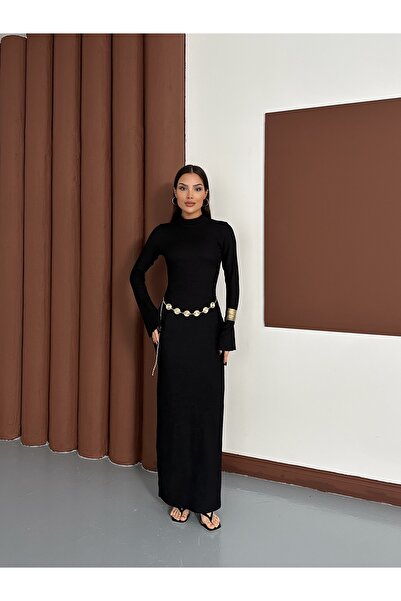 LE CARAMBOLE Women's Black Belt Detailed Long Dress