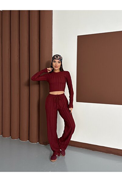 MODAMERSİ Women's Burgundy Finger-Tied Ruffle Fabric Top and Bottom Set
