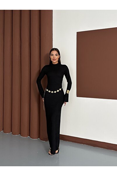 MODAMERSİ Жіноча чорна сукня з довгим поясом