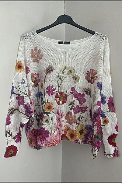 AYASOFYA OTANTIK Women's Italian White Wildflower Patterned Leaf Detailed Batwing Sleeve Mercerized Blouse Sweater